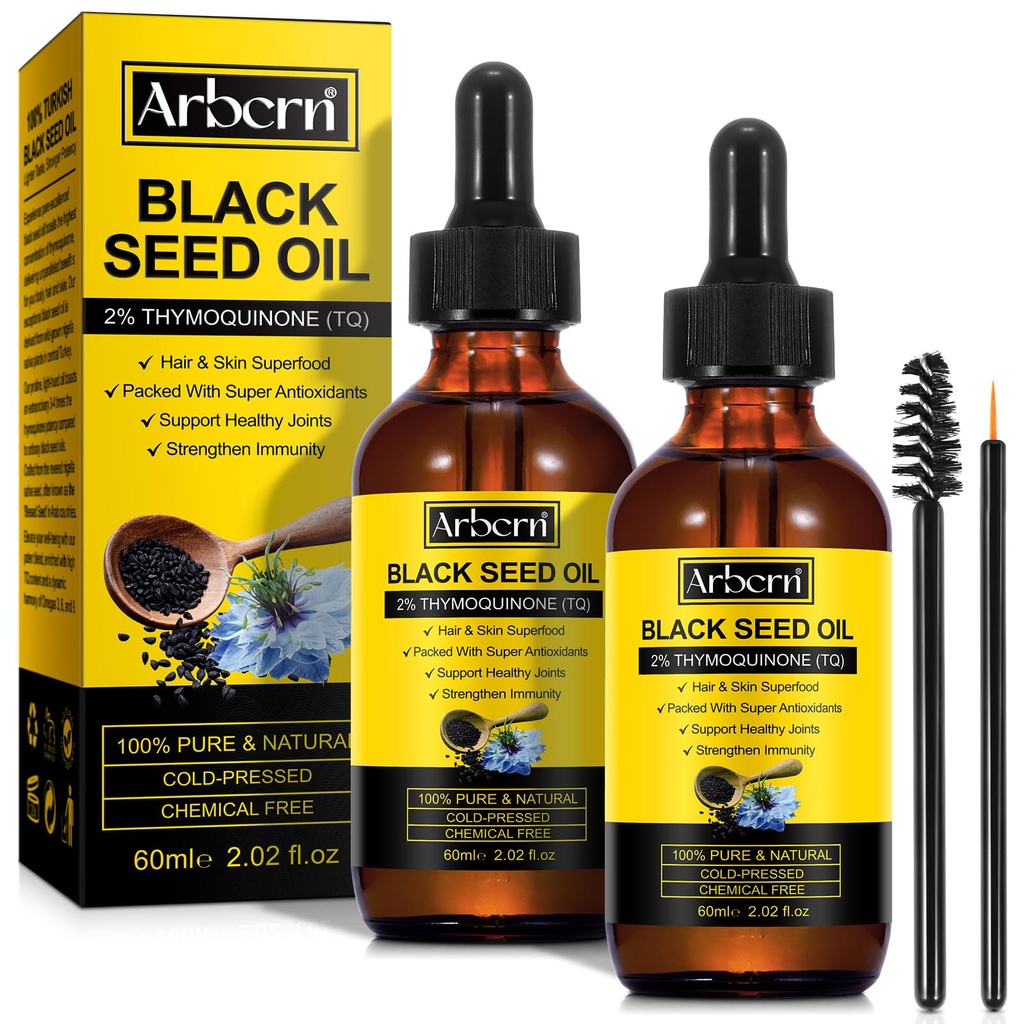 2 Paket Black Seed Oil Dingin Menekan, 100% Murni & Natural Liquid Black Seed Oil Cold Menekan Glass Bottle 60ML untuk Skin Cares, Nucheshes dan Hydrates Hair
