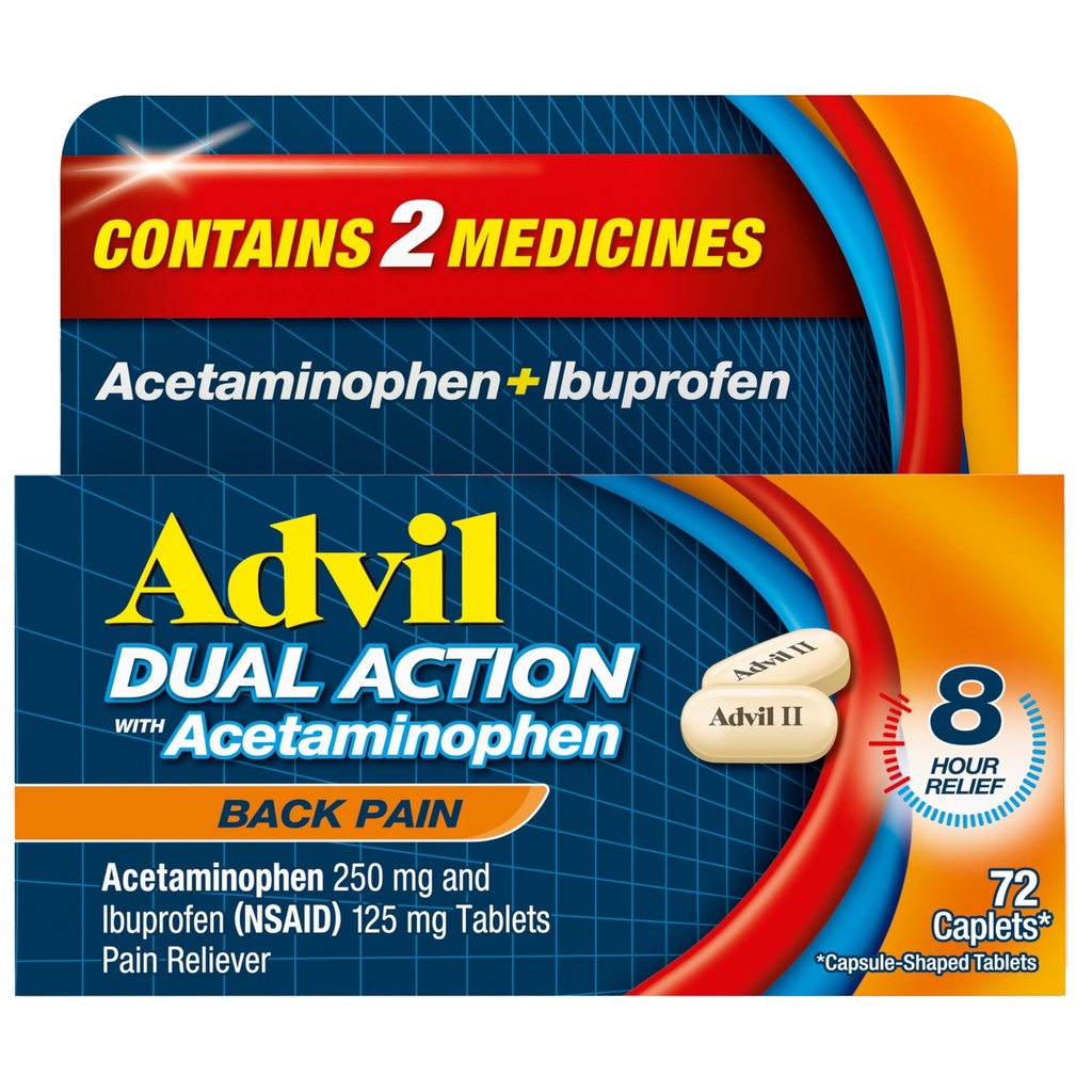 Advil Dual Action Back Pain Caplets Delivers 250mg Ibuprofen dan 500mg Acetaminophen Per Dose untuk 8 Hours of Back Pain Relief - 72 Count