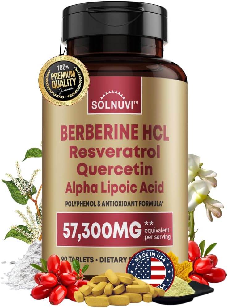 Suplemen Premium Berberine dengan Resveratrol Quercetin Alpha Lipoic Acid - 50: 1 Berberine HCl Kompleks, Polyphenid, Vitalitas Boost - 90 Vegan Tablet, Non-GMO, Gluten- Free