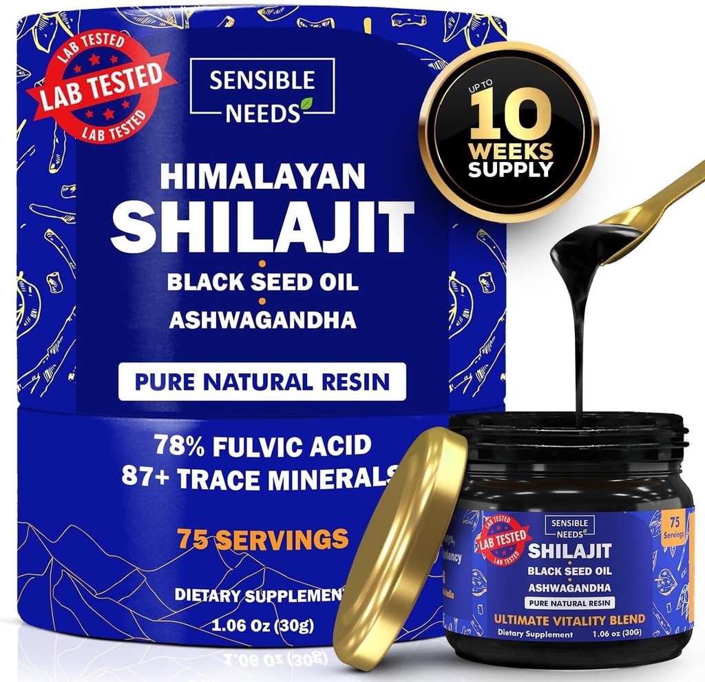Himalaya murni Shilajit Resin Resin Suplemen Organik, Shilajit untuk Pria & Perempuan dengan Minyak Benih Hitam & Ashwagandha, Energi, Kebal, 78% Acid Fulvic, 87 + Telusuri Mineral, 400mg