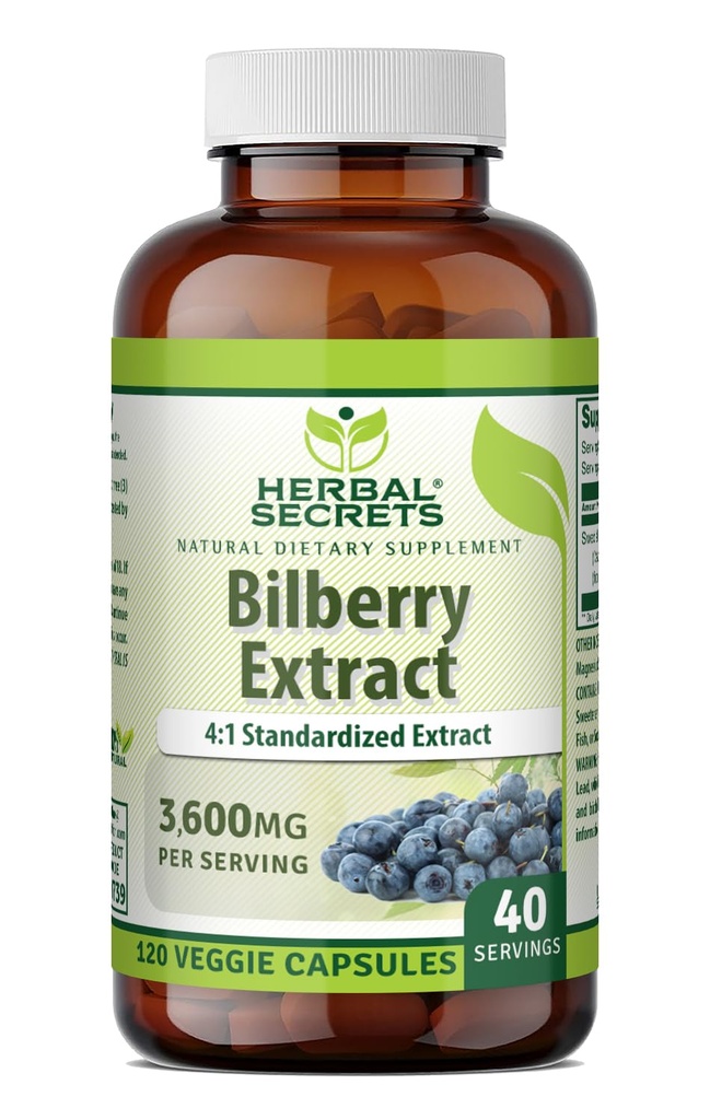 Herbal Secrets Bilberry Extract 300 Mg = 124; 4: 1 Ekstrak (3600 mg Equivalen): Veggie Capsules 12.4; Non-GMO 124; Gluten- Free Alagly 124; Dibuat di USA (120 Count)