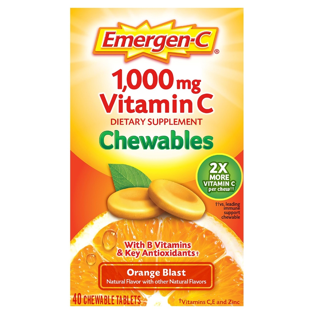 Emergen- C Chewable Vitamin C 10000mg, Dengan B Vitamin Dan Tablet Antioksidants (40 Count, Orange Blast Flavor), Dietary Supplemen