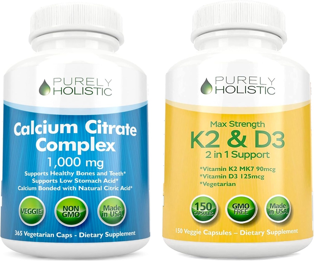 Murni Holistic Calcium Citrate Kompleks 1000mg + Vitamin D3 125mcg K2 MK7 90mcg - 365 Vegan Capsules + 150 Vegetarian Capsules Bundle - Dibuat di AS