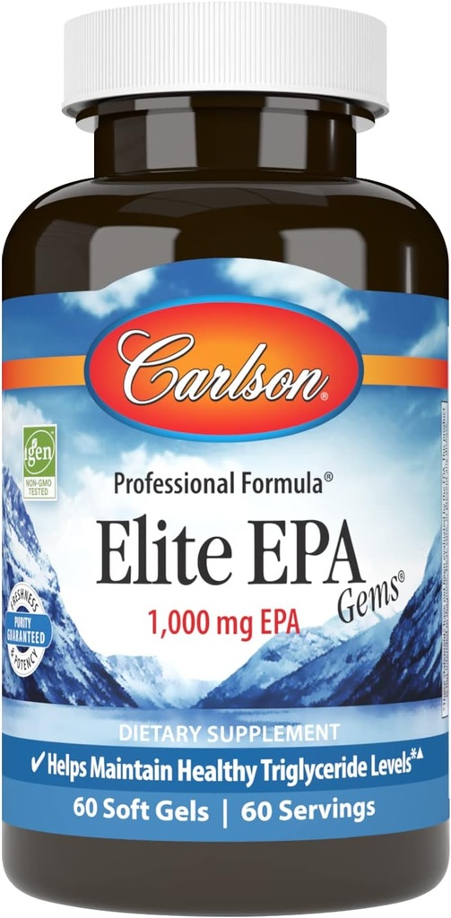 Carlson - Elite EPA Gems, 1000 mg EPA Fish Oil, Wild- Caught, Norish Fish Oil Suplemen, Sustainably Sourinabled, Membantu Mempertahankan Triglyceride Levels sehat, 60 Softgels