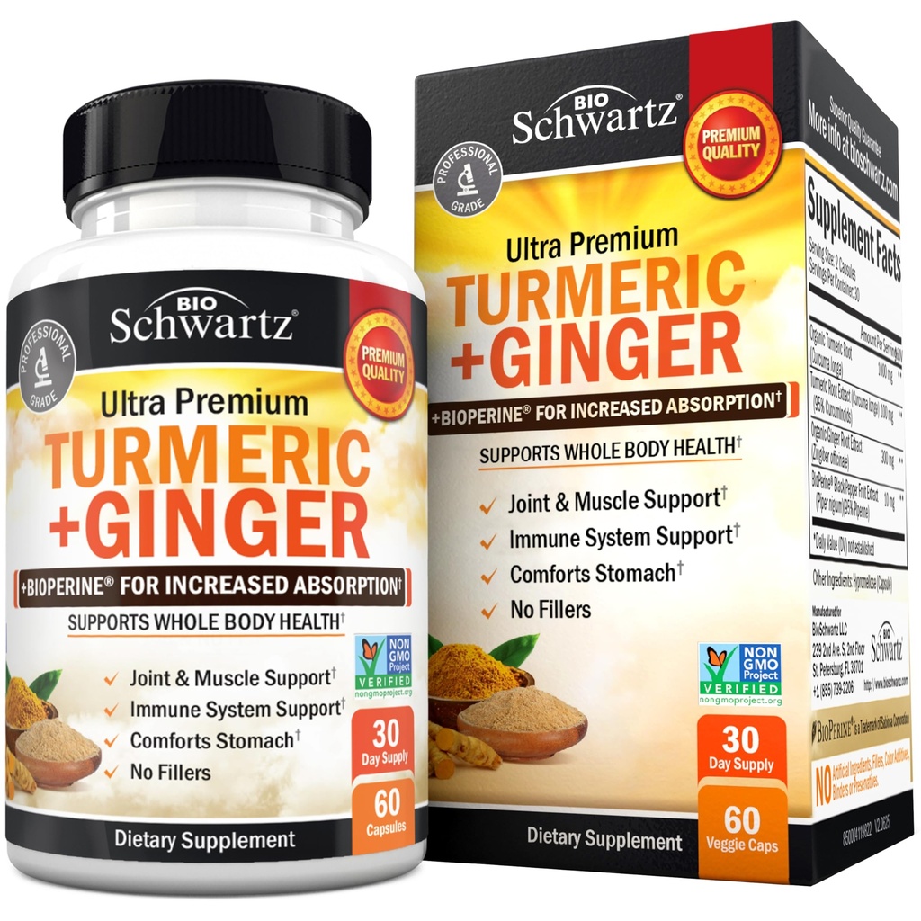 Curcumin Turmeric dan Ginger Suplemen - 95% Curkuminoid Standardisasi dengan Ekstrak BioPerine Black Pepper untuk Absorpsi Tinggi Ultra - Dukungan Bersama Alam - Bebas - 60 Kapsul