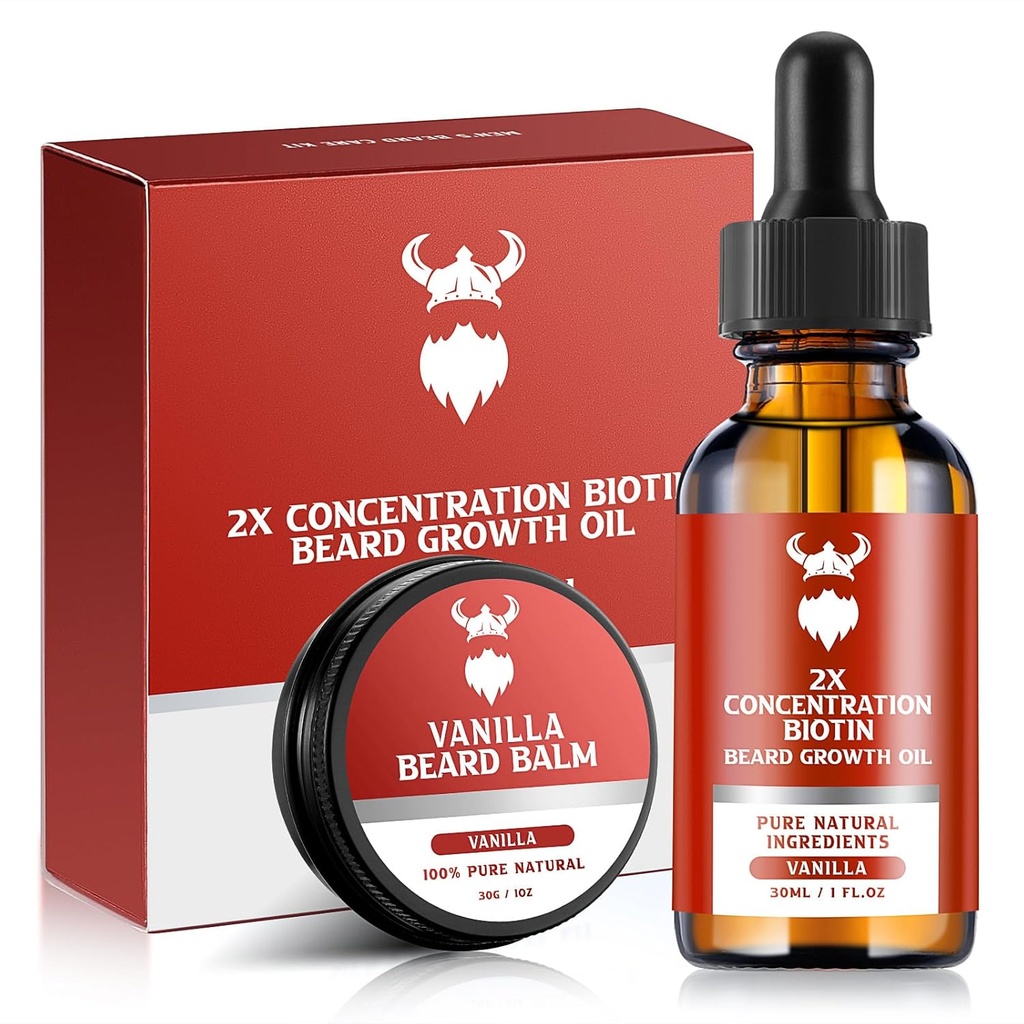 Beard Growth Kit - 2X Concentration Biotin for Men, Natural Ingreations with Argan Oil, Jojba Oil dan Vitamin (Vanilla)