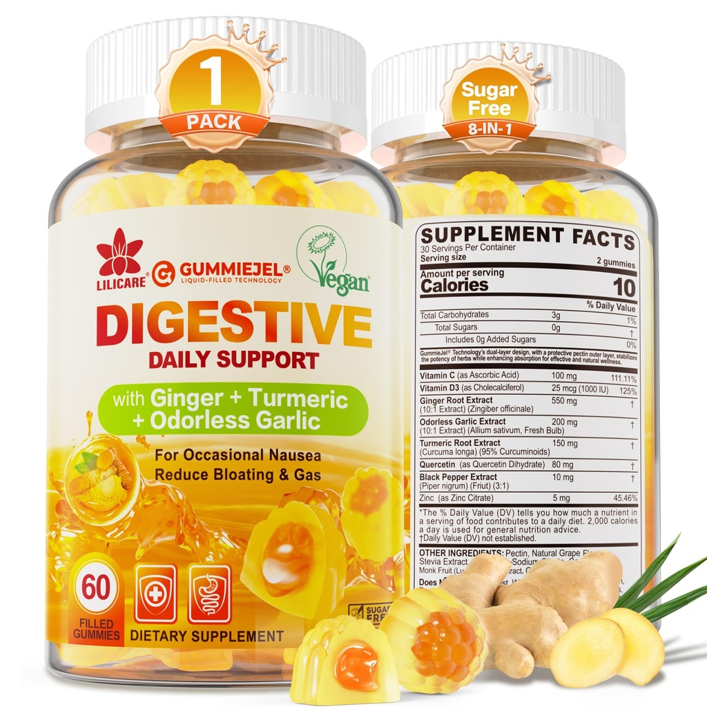 Ginger Chews Gummies for Nausea & Digetical Support, Stomach Relief - Sugar Free with Turmeric & Odorless Balics, Quercetin, Vitamin D3, C, Delicious Digeptical Supplemen, 60Cts (Paket 1)