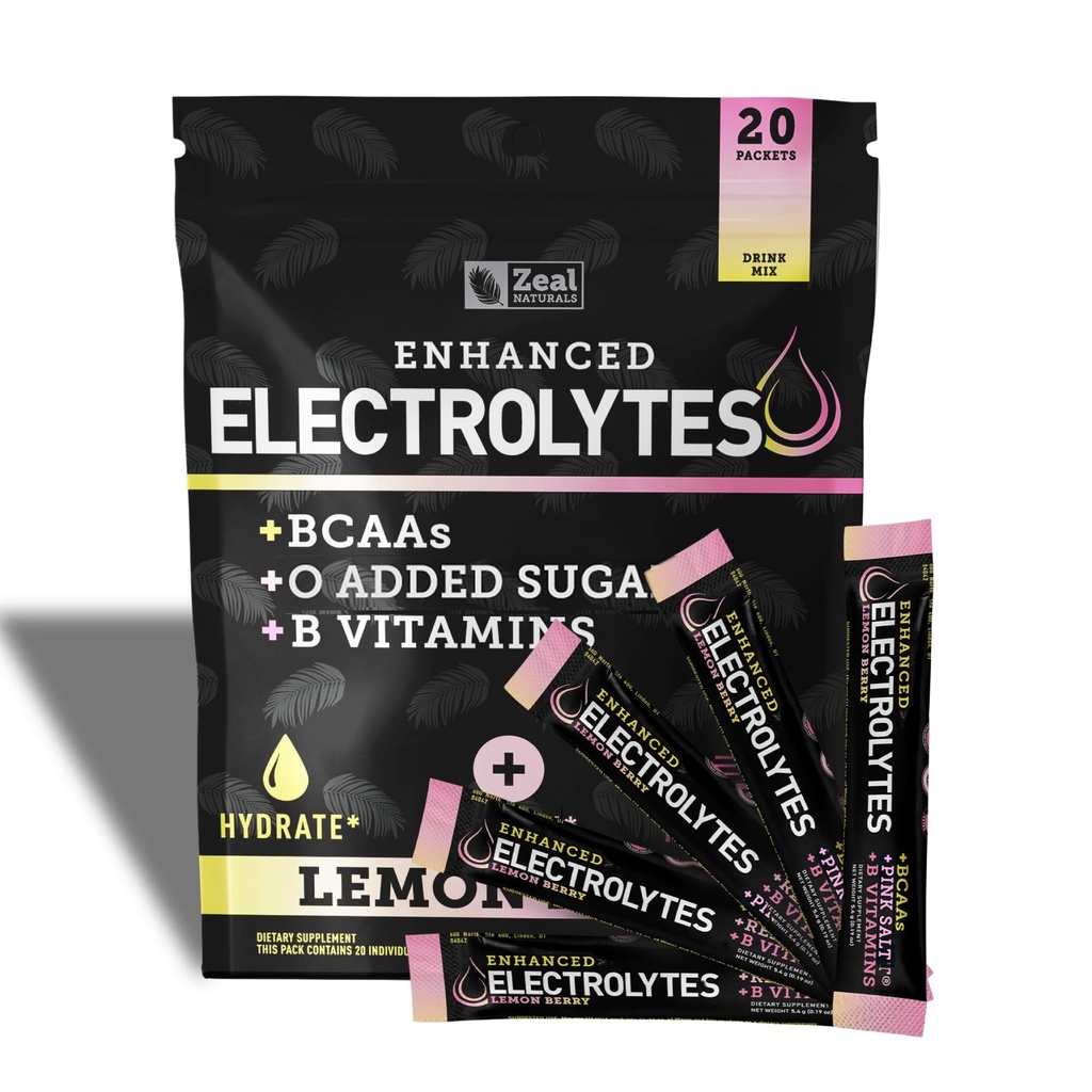 Enhanced Electrolite Powder Stick Packs (Lemon Berry 124; 20 Packets) w / 0 Sugar + BCAAs + B-Vitamin Electrolyte Supplemen w Potemary Zinc & Magnesium for Hydration - Keto Electrolytes