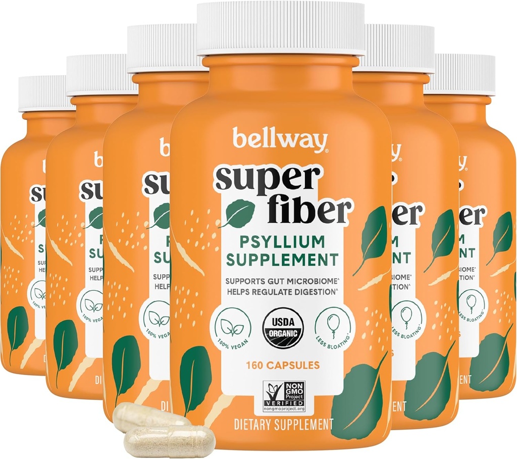 Bellway Super Fiber Capsules (6 Pack) - USDA Organik Psyllium Hussules - Daily Psyllium Husk Fiber Suplemen untuk Kesehatan Digetical dan Regularitas, Tanaman Berbasis, Non-GMO, Kosher - 960 Capsules