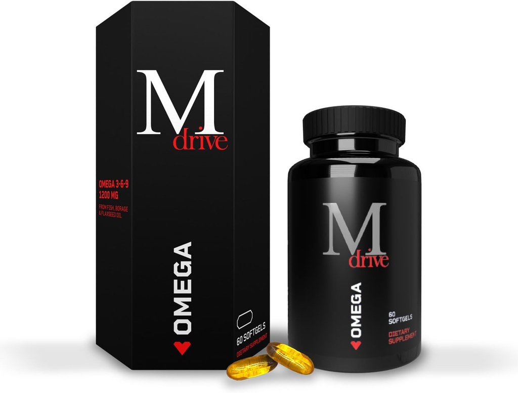 Mdrive Omega 3 Minyak Ikan untuk Pria, Omega 3-6-9 1200mg dari Ikan, Borage & Flaxseed Oil, Dukungan Hati, Otak, Skin dan Gabungan Kesehatan, 60 Count