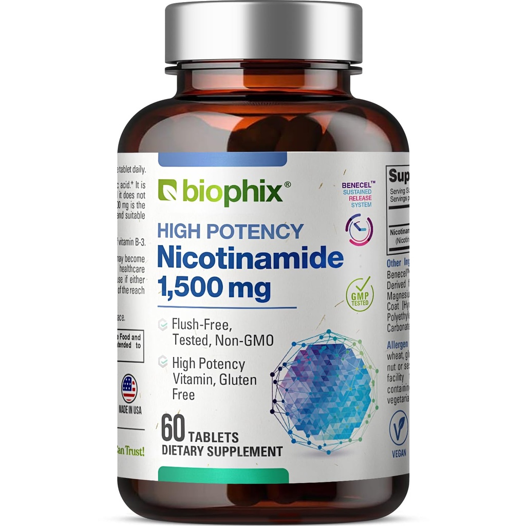 biophix B-3 Nicotinamide 1.500 mg 60 Tablet Maksimal - Nicotical Amide Niacin Natural Flush- Free Vitamin Formula - Supports Skin Cell Health