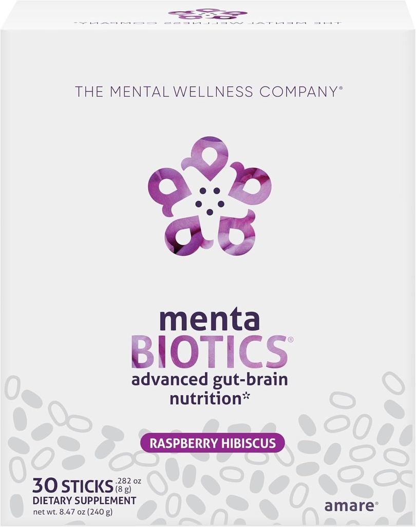 MentaBiotics ® Advant Brain Nutrition Prebiotic, Probiotic, dan Phytopotik, Raspberry Hibiscus, 30 Servis