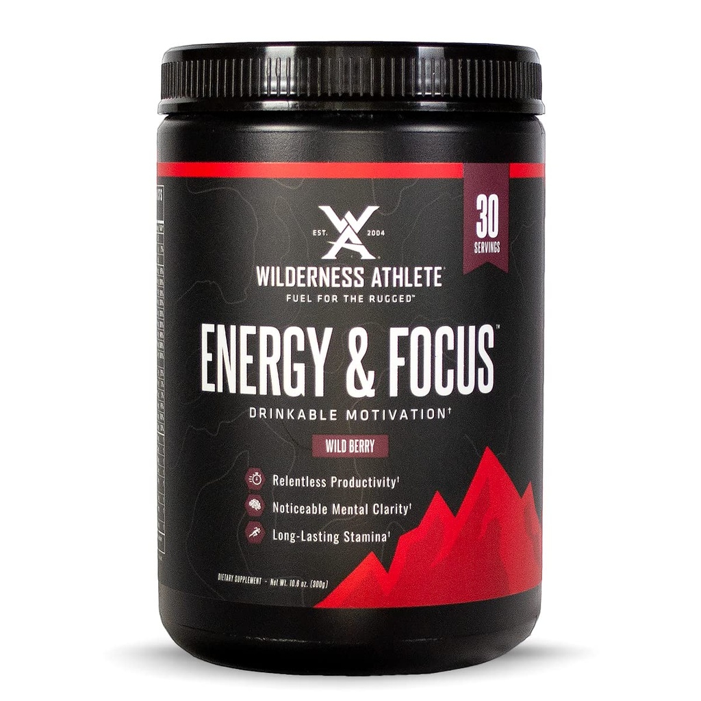 Wilderness Athlete - Energy & Focus 124; Energy Pre Workout for Women & Men - Energy Powder Drink with Natural Caffeine - Low- Carb, Zero Sugar Workout Powder - 30 Serving Tub (Wild Berry)