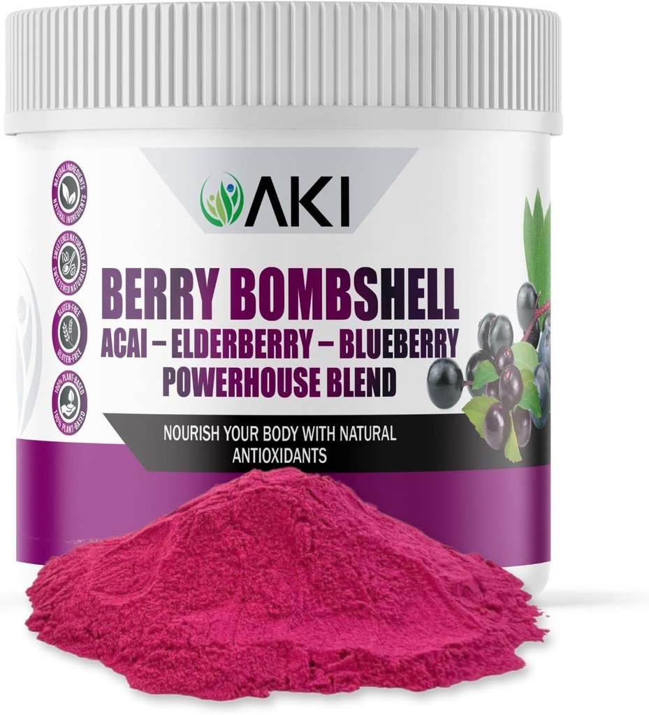 AKI Berry Bombshell - Acai, Elderberry & Blueberry Blend (5.3oz / 150g) - Brings Together The Ideal Berry Berries to Create a Nuttration, Flavorful and Convenient Superfood - Vegan Friendly & Gluten Free