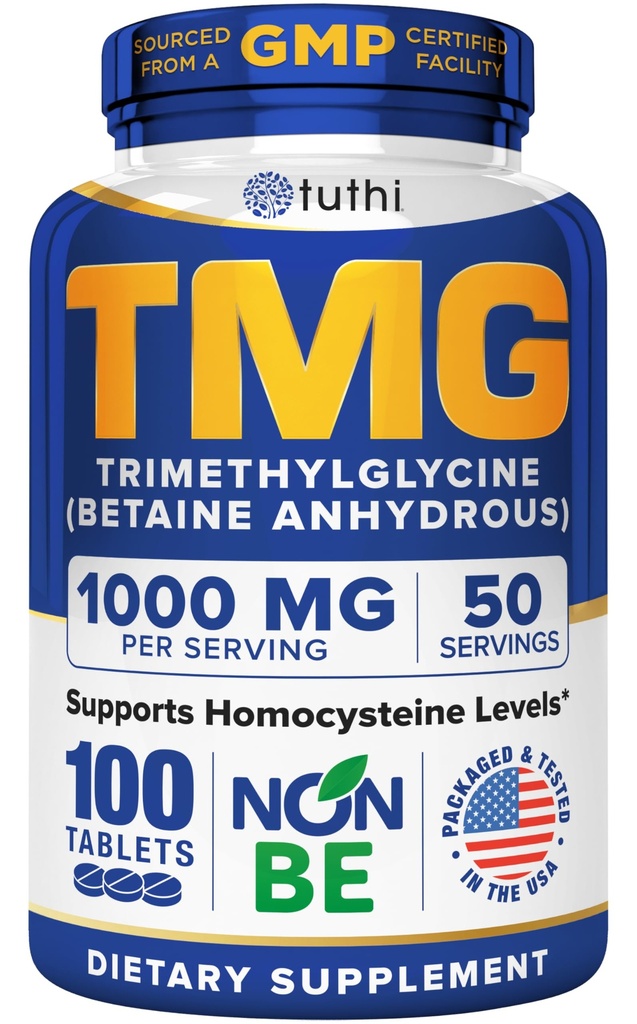 Tuthi TMG Supplemen - 100mg Trimethylglycine - Betaine Amino Acid for Cardiovascular and Healthy Homocysteine Levels - 100 Vegan Tablet - Gluten- Free, Non-GMO - dibuat di Amerika Serikat