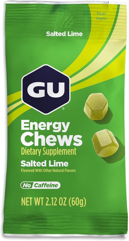 GU Energy Chews, Salted Lime Energy Gummies dengan Electrolytes, Vegan, Gluten-Free, Kosher, Caffein-Free, dan Dairy- Free On- TheGo Energy untuk setiap Workout, 12 Bags (24 Pelayan Total)