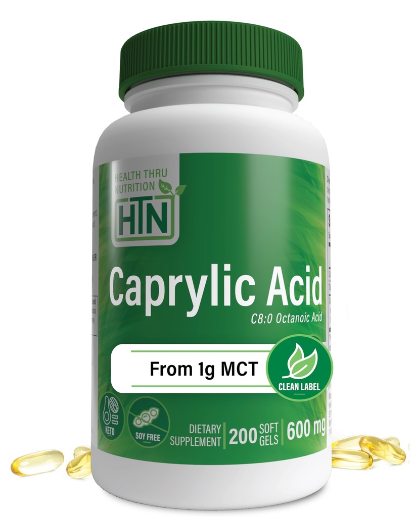 Health Thru Nutrition Caprylic Acid 600mg 200 Softgeels 124; C8 Octanoic Acid from Pure 1g MCT Oil 14; Non-GMO & Soy Free 124; Dukung Digetical Healthy dan Intestinal Health Keto Friendly