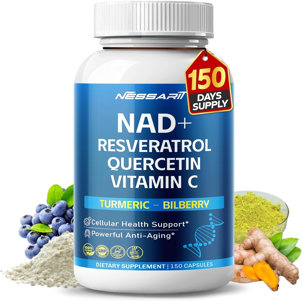 NAD + RESVERATROL Support-10 -in- 1 Natural Blend with Quercetin Turmeric Berine Bilberry Green Tea - 150 Count - Dibuat & Test in the USA