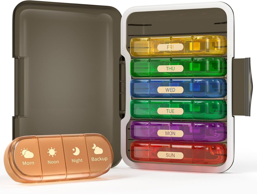 Weekly Pill Organizer 4 Kali sehari, 7 Hari Pill Box 4X, Portable for Travel Pill Case for Pills / Vitamin / Fish Oil / Medication / Suplemen (4x7 Black + Rainbow)
