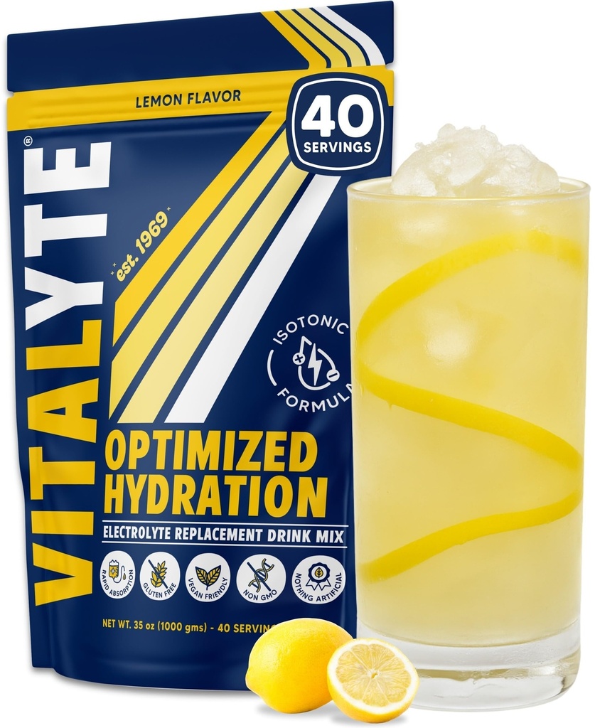 Vitalitte Electrolite Powder Drinder Mix, Isotonic Electrolite Hydration Mix, Gluten Free Post Workout Mix, Pack of 1, 35 oz., Lemon Flavor