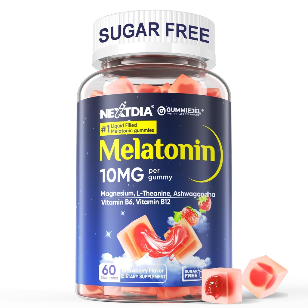 Sugar Free Melonatin Gummies 10mg 20mg Magnesium Glycinate Melonatin untuk orang dewasa, Ashwagandha, L- Theanine, B6, B12, Lemon Balm dan Chamomile untuk Relaxation Dalam, Antioksidant, Vegan, 60 Hari