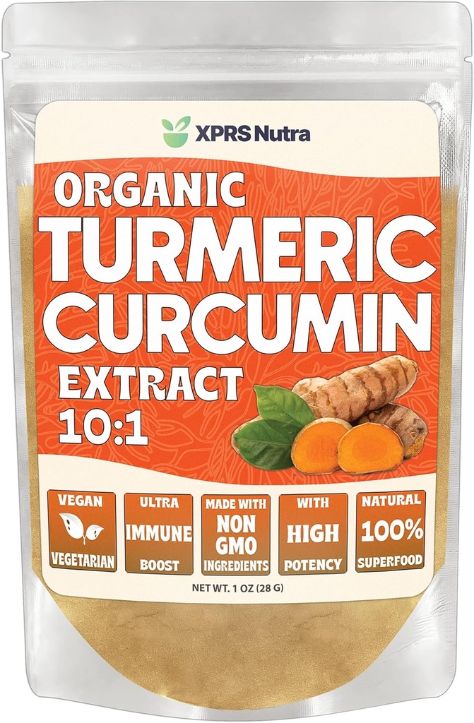 XPRS Nutra Organic Turcumin Powder Extract 10: 1 - Premium USDA Organic Curcumin pouder for Imunity - Vegan Friendly Pure Curcumin for Gut Health (1 Ounce)