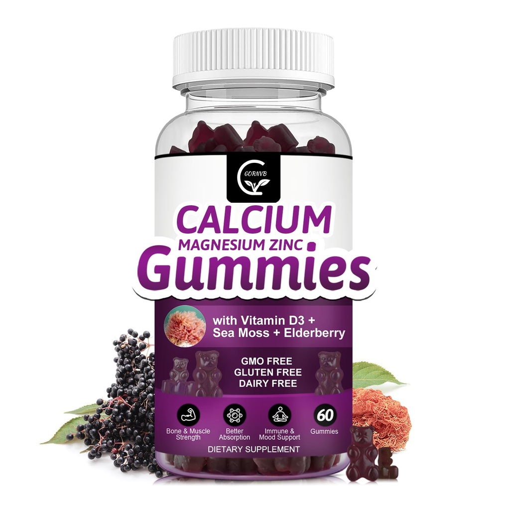 Kalsium Magnesium Zinc Gummies dengan Magnesium Absorpsi Tinggi, Potasium, D3 - untuk Bone, Muscles, Immune & Sleep Dukungan, Vegan