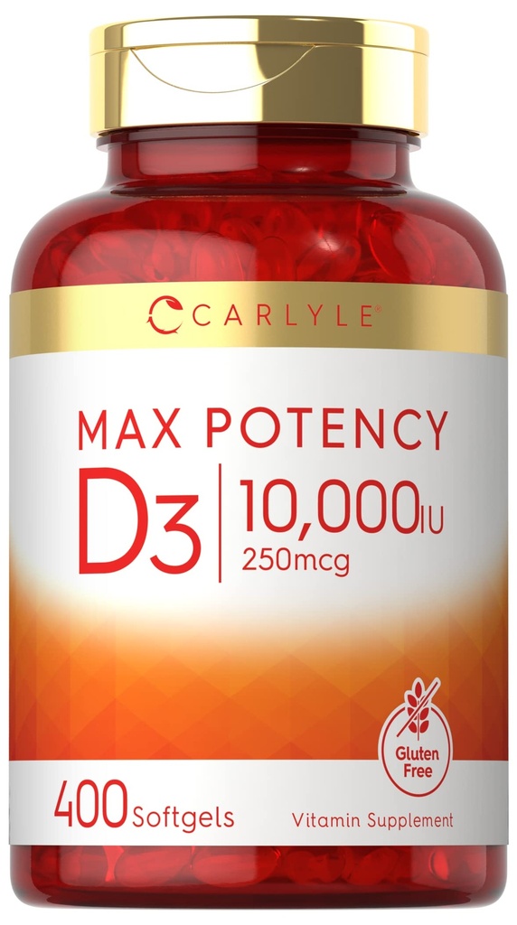 Carlyle Vitamin D 10000 IU 400 Softgels 124; Nilai Ukuran 124; Max Potency 14; Non-GMO, Gluten Free Supplement