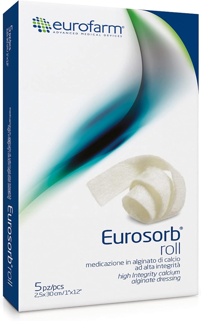 EurosOrb Roll -1 x 12 dalam -100% Integritas Tinggi Kalsium Ribbon Dressing, Promoses Proses Penyembuhan, Formasi Tissue Baru, Integral Alginate -5 Pieces
