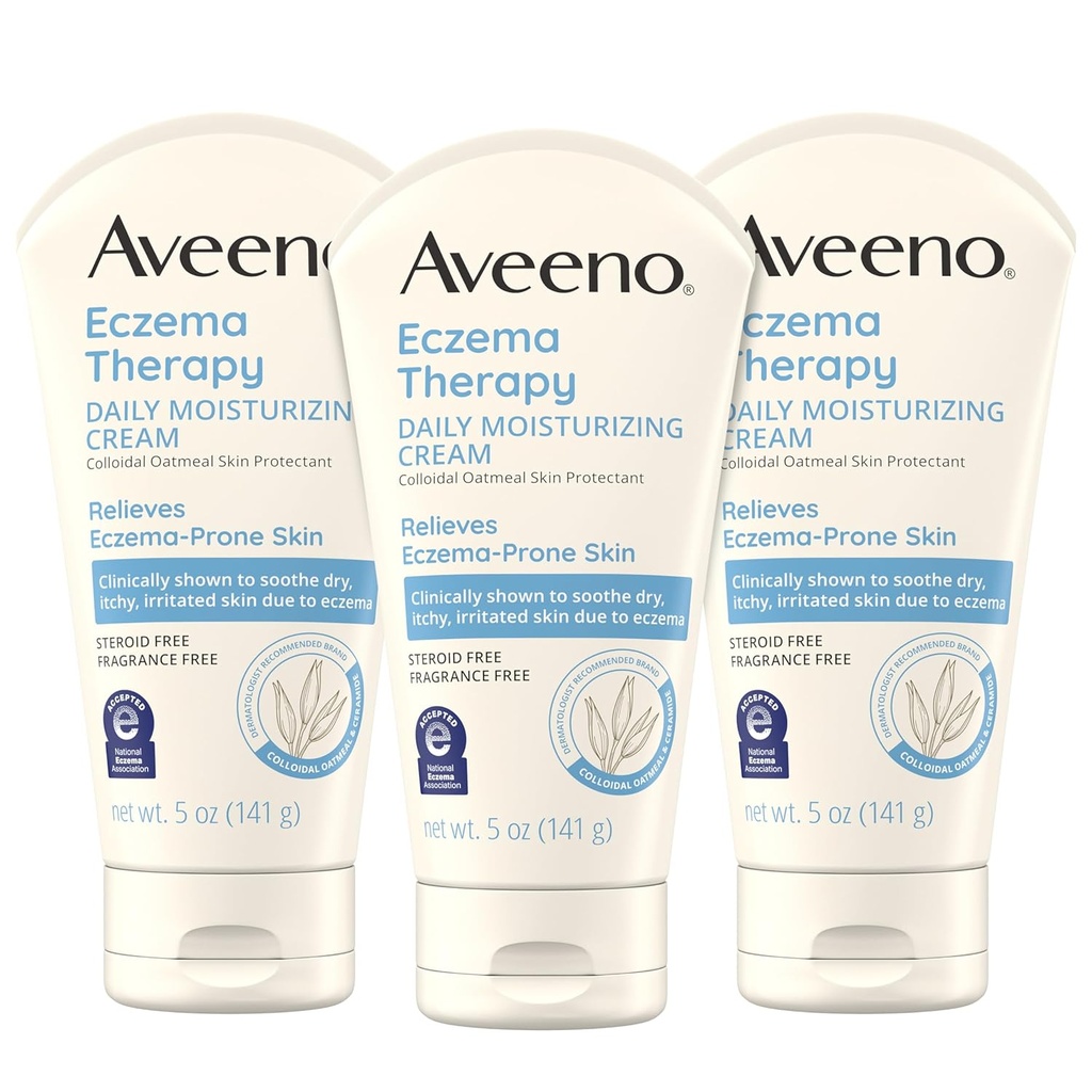 Aveeno Eczema Therapy Daily Moisturizing Body Cream for Sensitive Skin, Soothing Eczema Relief Cream, Colloidal Oatmeal & Ceramide for Dry & Itchy Skin- & Fragrance - Free, 5 oz, Pack of 3