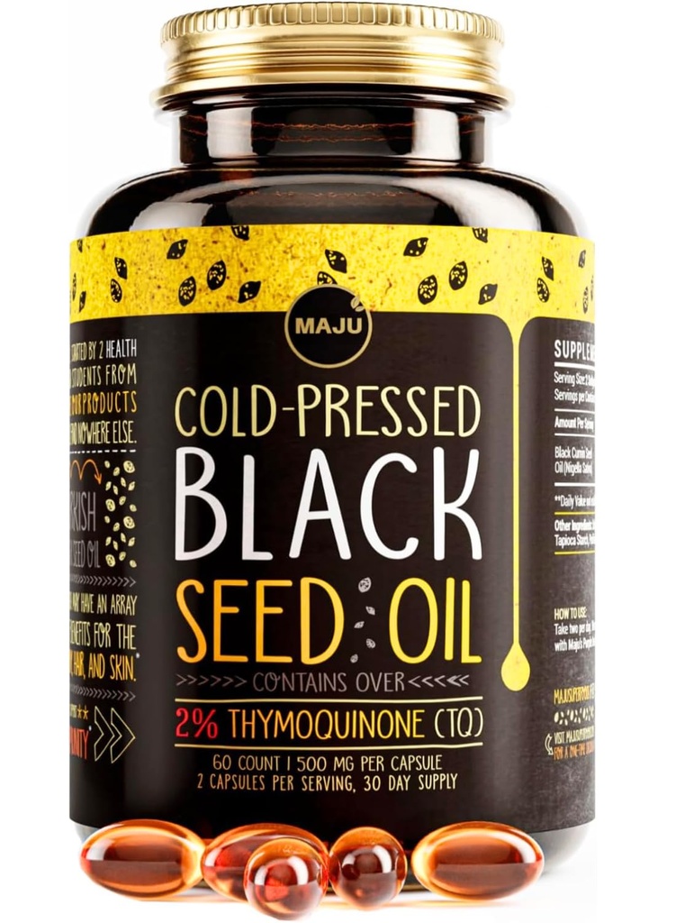 Katup Minyak Benih Hitam Super Magu - Dingin Menekan, 2% Thymoquinone, 100% Kumin Hitam Turki Nigel Sativa Minyak Benih, Cairan Murni Blackseed 60, 500mg per Capsule