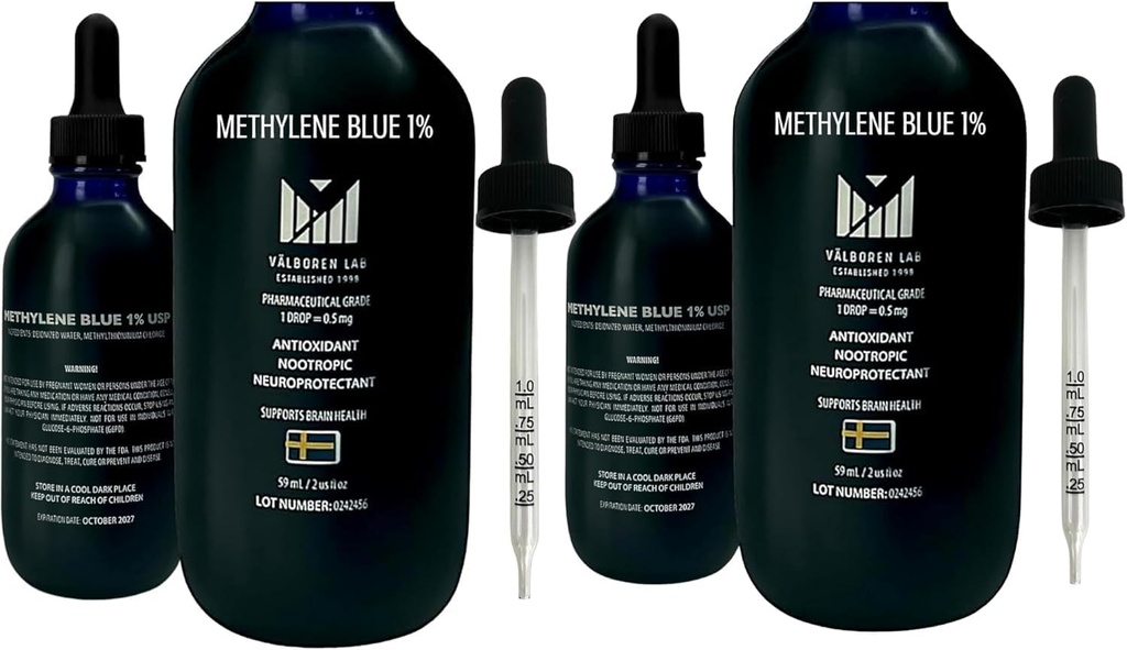 Methylene Blue Pharmaceutical Grade Bundle - 2 oz & 4 oz Bottles - kelas USP - Dibuat di Amerika Serikat - Test Partai Ketiga-Formaldehyde & Alcohol-Free - Supplemen Kesehatan Otak - Methylene 1% Drops for Human