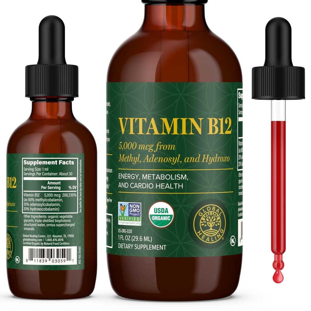 Global Healing Center - Vitamin B12 Sublinual 5000 MCG Organic Liquid Suplement, Methylcobalamin, Adenosylcobalamin, Hydroxo Long- Lasting Energy and Healthy Metabolisme - Vegan B12 Vitamin (1 Oz)