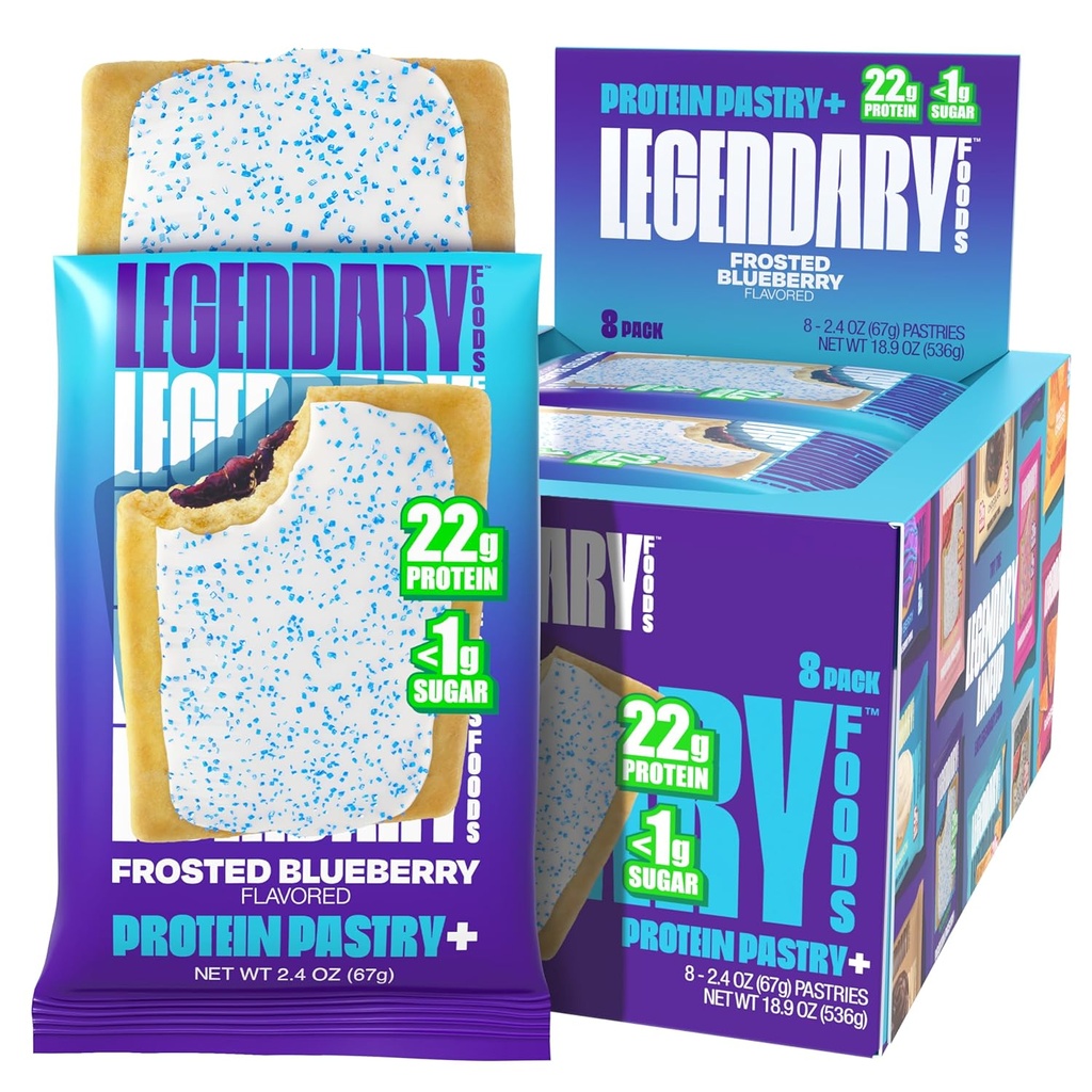 Toko Makanan Legendary 22g Protein + Frosted Blueberry, Bar Penggantian Makanan Karb rendah - Low Glycemic, Gluten Free Protien Snacks - Keto Snack Box 8 Zero Sugar Energy Bars - Diabetic Friendly