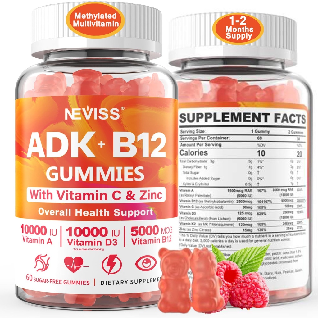 Methylated Multivitamin Women Men, Vitamin D3 K2 5000IU / 10,000IU, B12 5000 mcg 2500mcg, K2 (MK-7) 240mcg- ADK + Metyl Vitamin B12, Vegan D3, C, Zinc Eye, Bone, Energy, Immune, Sugarin-Free Gummies