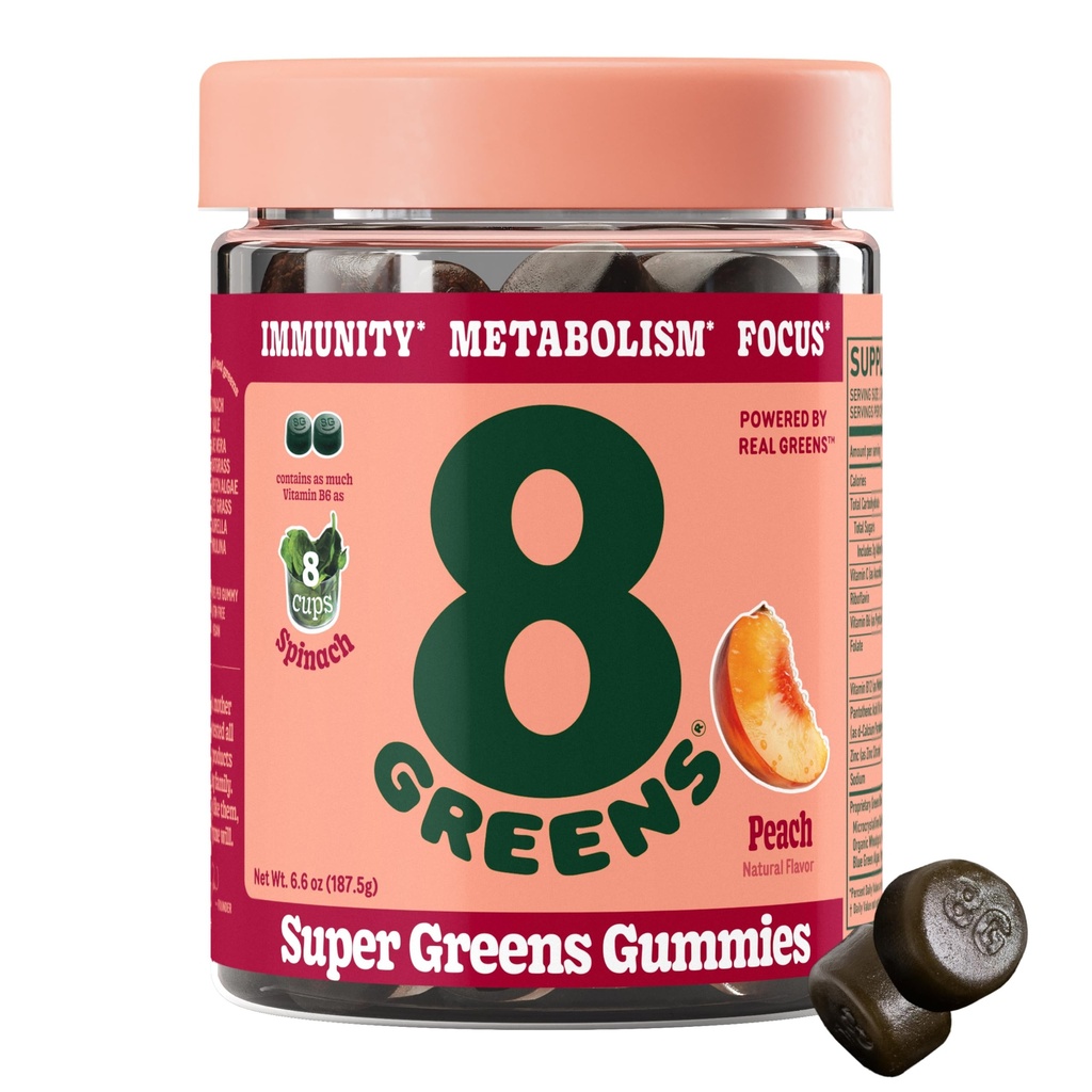 Super Greens Powder Gummy Superfood untuk Metabolism, Imunity & Focus, Digetical Health Enzymes, Organic: Chlorella, Spirulina, Aloe Vera, Peach Flavor, 50 Count