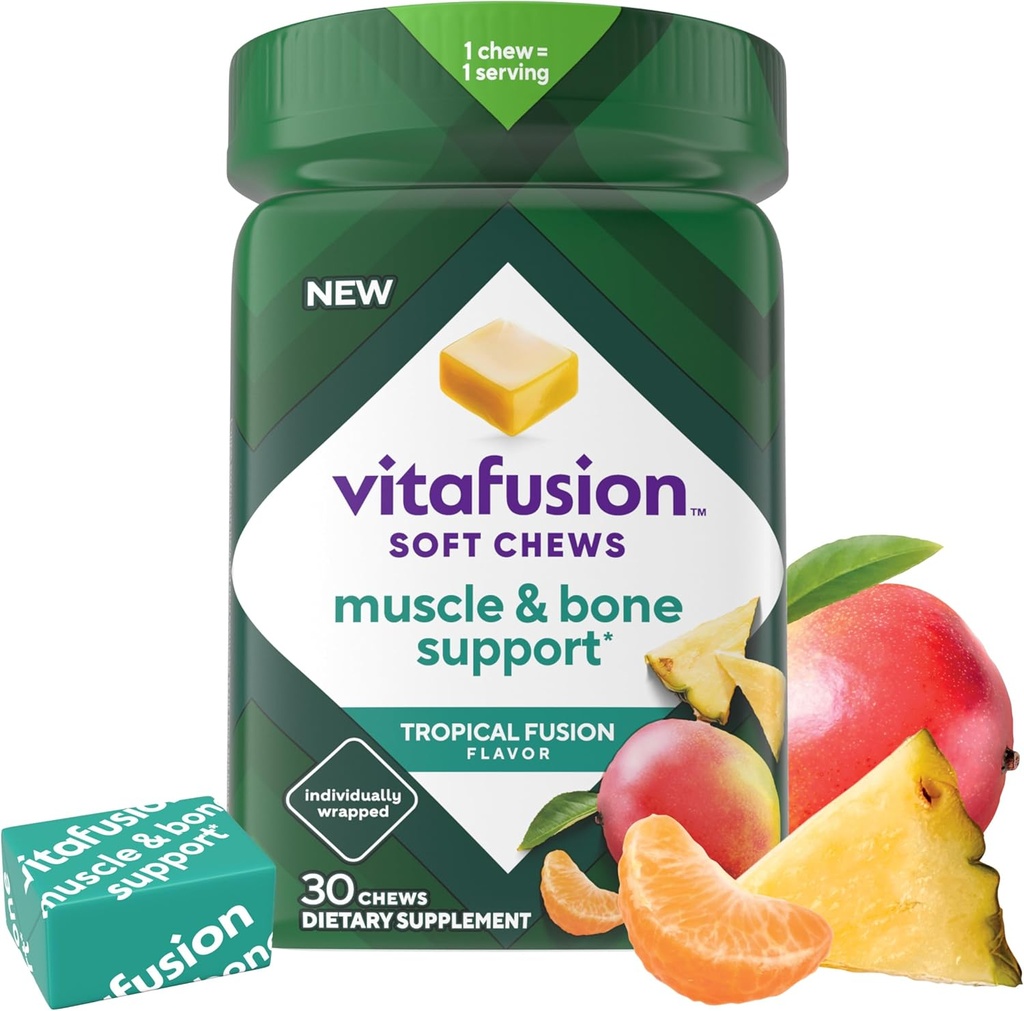 Vitafuus Soft Chews Muscle & Bone Support (1), Adult Chewable Vitamin D for Bone & Muscle Durtly Wrapped, Tropical Fusion Flavor, 30 Chews, 30 Day Supply