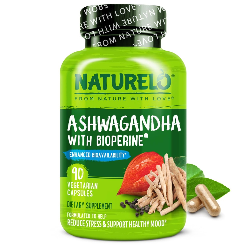NATURELO Ashwagandha Akar Natural Herbs Suplement for Fatigue, Stress Relief, Mood Enhancer - dengan Black Pepper Extract - 90 Vegan Capsules