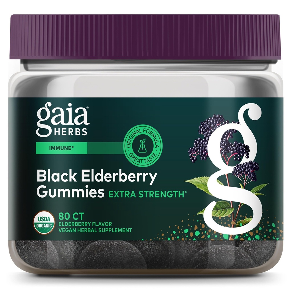 Gaia Herbs Black Elderberry (Sambucus Nigra) Ekstra Kekuatan Gummies - Suplemen Dukungan Imuniune yang lezat - Dibuat dengan Sertifikasi Organ Black Elderberry untuk Dukungan Sistem Imune - 80 Gummies