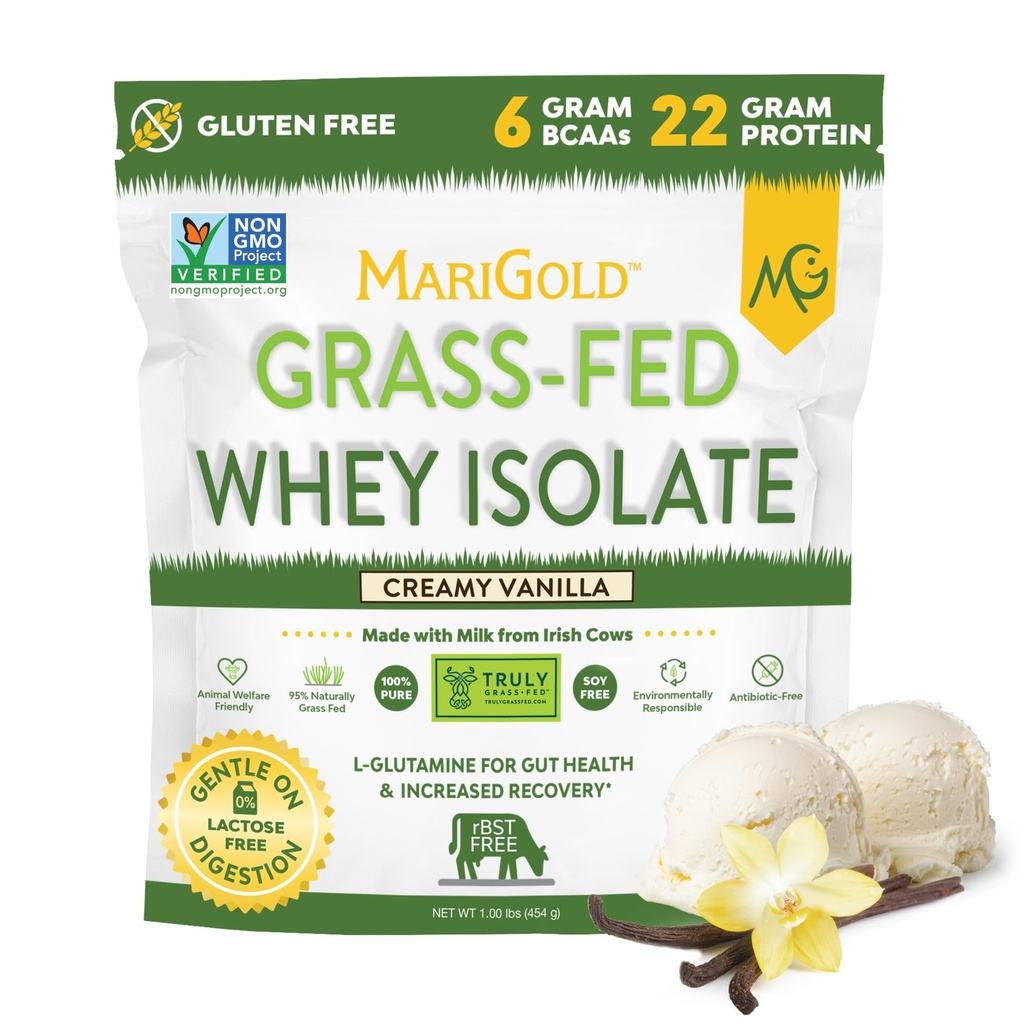 MariGold Grass- memberi makan Whey Protein Isolate Powder - Creamy Vanilla Flavor - 1 Lb Bag 124; 100% Murni, Cold- Diproses, Mikro- Disaring, Non- GMO, RBGH Free, Soy Free, Gluten Free, Laktosa Bebas