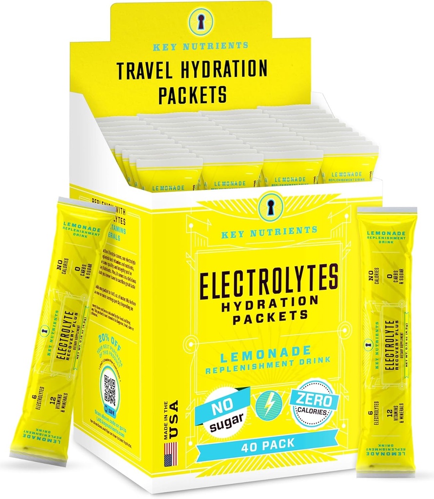 KUNCI NUTRIENTS Multivitamin Electrolytes Paket Hidration - Menyegarkan Lemonade Post Workout dan Pemulihan 40 Paket - Tidak Ada Gula, Kalori - Bedak Hidration Perjalanan