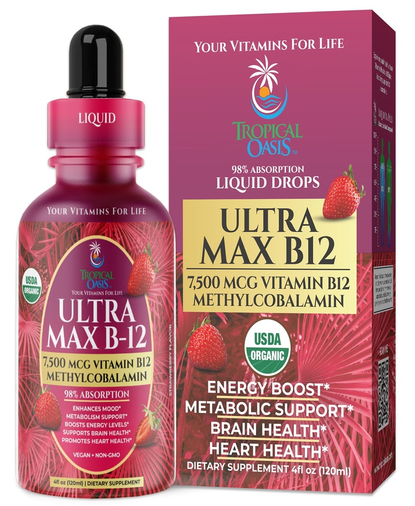 USDA Organik Ultra Max B12; Superdosis 7500mcg Vitamin B12 Liquid Drops 14; B12 sebagai Methylcobalamin 12.4; Max 98% Absorpsi Rate 124; Promes Energy 124; Vegan, Non-GMO, Strawberry rasa -4oz