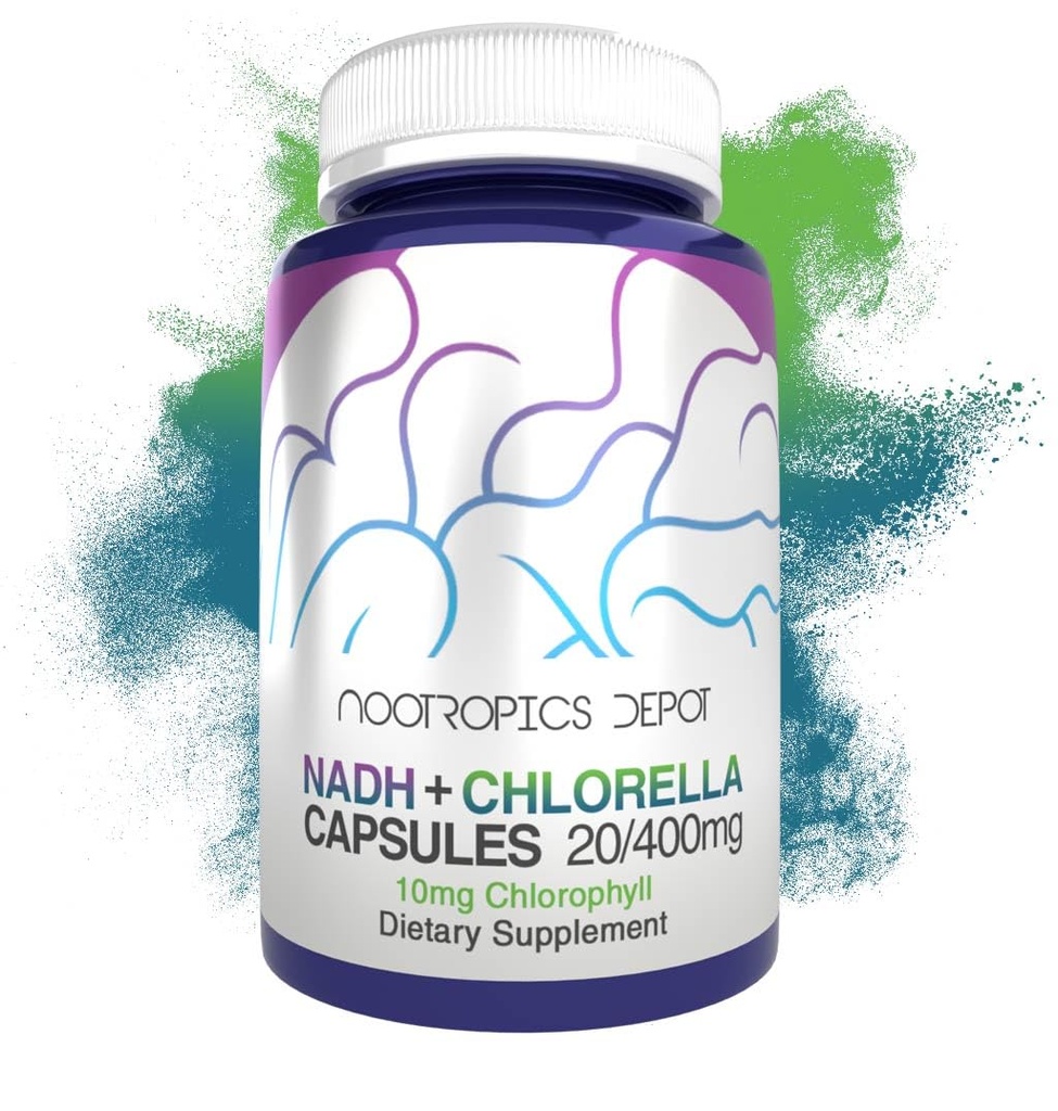 Nootropics Depot NADH + Chlorella vulgaris (Broken Cell) 400mg Capsules 14; Nicotinamide Adenine Dinucleotide 20mg 124; Chlorofil 10mg Energi, Kesetaraan Mental & Healthy Aging, 30 Count