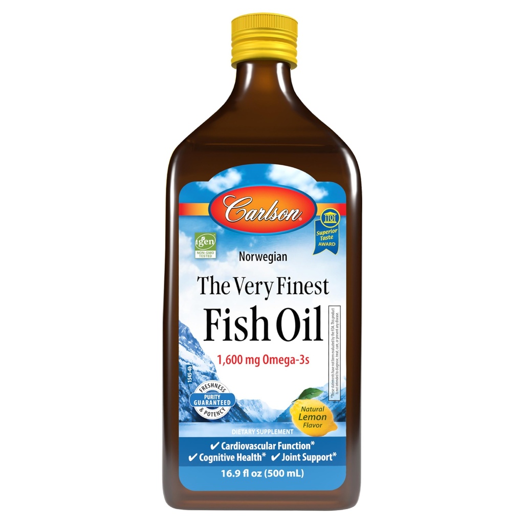 Carlson - The Very Finest Fish Oil, 1600 mg Omega-3s, Liquid Suplemen, Norwegia, Wild- Caught, Sumpably Sourced, Lemon, 16,9 Fl Oz