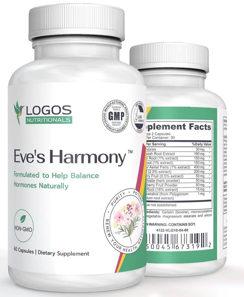 Suplemen Harmony Menopause Hawa, Hormone Dukungan untuk Perempuan dengan Soy Isoflavones, Black Cohosh & Red Raspberry, Non-GMO Natural PMS & Menopausasal Symptom, 60 Capsules