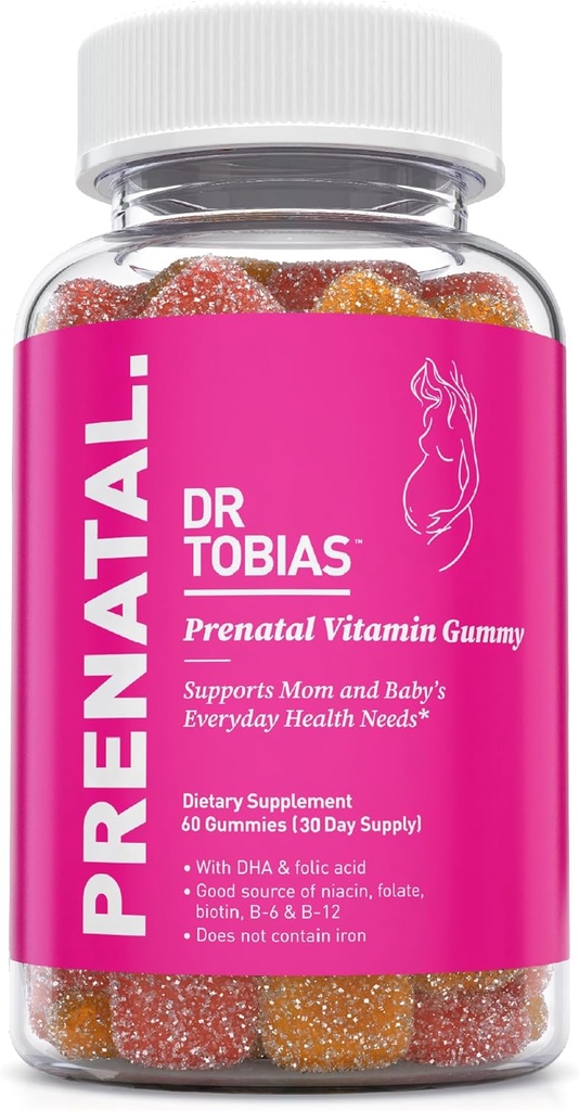 Dr. Tobias Prenatal Vitamin Gummy, Iron Free Prenatal Vitamin dengan DHA dan Folic Acid, Niasin, Biotin, B6, & B12, termasuk Fish Oil, untuk Pra & Posnatal Support, 60 Gummies, 30