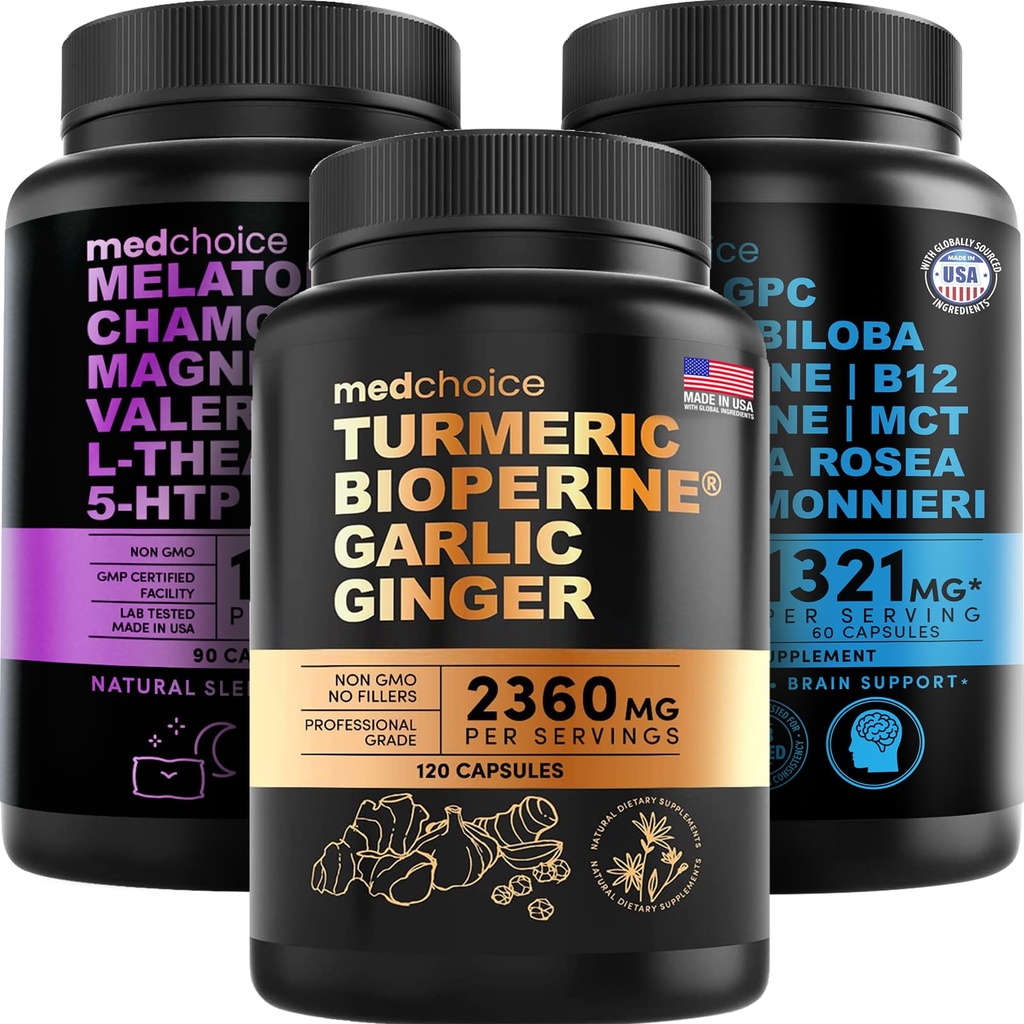 MEDCHOICE Turmeric & Ginger (120ct), Sleep Melonatin (90ct), and Nootropic Brain (60ct) Suplemen Bundle - Wellness Trio for Brain, & Imune Support - Vegan, NON-GMO, Gluten- Free
