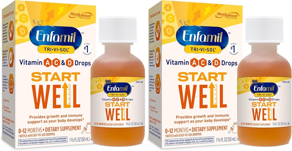 Enfamilil Prenatals & Baby Vitamin Tri- Vi- Sol Vitamin A, C & D Multi- Vitamin Drops for Infants, Supports Growth & Imune Health, 50 mL Dropper Bottle, 1.69 Fl Oz (Pack of 2), MJ-030