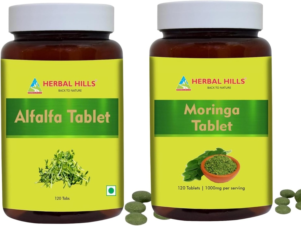 HERBAL HILLS Alfalfa Tablet dan Moringa Leaf Tablet Pack dari 2 Combo