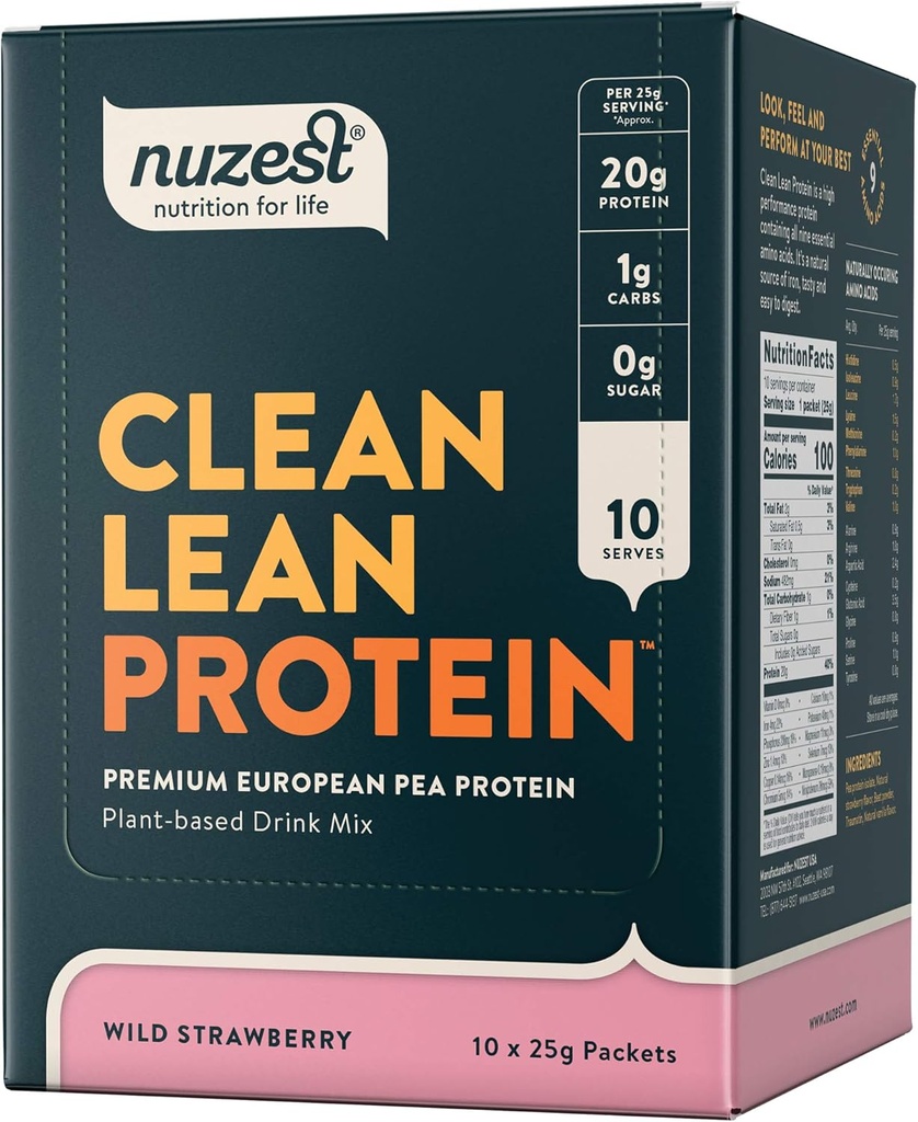Nuzest - Pea Protein Powder - Lean Protein Clean, Premium Vegan Plant Based Protein Powder, Dairy Free, Gluten Free, GMO Free, Protein Shake, Wild Strawberry, 0.9 oz, (Paket 10)